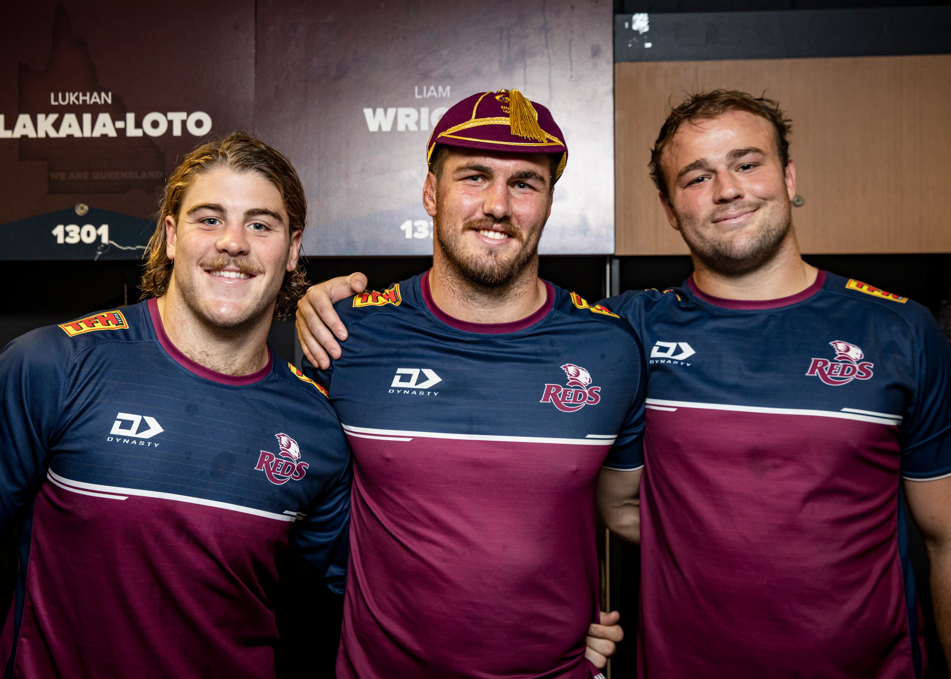 L-R: Fraser McReight, Liam Wright and Harry Wilson have built a remarkable bond on and off the field at the Queensland Reds. Photo: Brendan Hertel